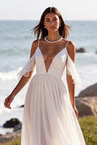 Cold Shoulder White Long A Line Wedding Dress