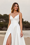 White A Line Long Wedding Dress with Slit