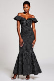Black White Dots Off The Shoulder Mermaid Maxi Dress
