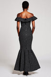 Black White Dots Off The Shoulder Mermaid Maxi Dress