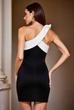 One Shoulder Bodycon Black and White Mini Dress With Bow