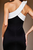 One Shoulder Bodycon Black and White Mini Dress With Bow