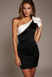 Bodycon Black and White One Shoulder Mini Dress With Bow