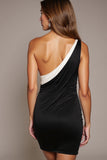 Bodycon Black and White One Shoulder Mini Dress With Bow