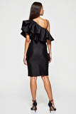 One Shoulder Bodycon Black Cocktail Dress with Ruffles