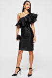 One Shoulder Bodycon Black Cocktail Dress with Ruffles