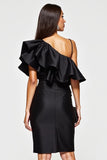 One Shoulder Bodycon Black Cocktail Dress with Ruffles