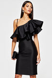 One Shoulder Bodycon Black Cocktail Dress with Ruffles