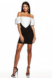 Black and White Bodycon Off The Shoulder Mini Dress With Puff Sleeves