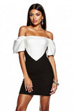 Black and White Bodycon Off The Shoulder Mini Dress With Puff Sleeves