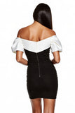 Black and White Bodycon Off The Shoulder Mini Dress With Puff Sleeves
