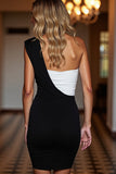 One Shoulder Bodycon Black and White Cocktail Dress
