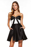 Strapless A-Line Black and White Mini Dress With Slit