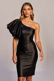 Bodycon Black One Shoulder Satin Mini Dress