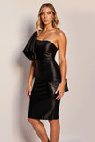 Bodycon Black One Shoulder Satin Mini Dress