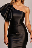 Bodycon Black One Shoulder Satin Mini Dress