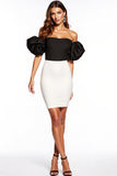 Bodycon Black And White Off The Shoulder Mini Dress With Puff Sleeves
