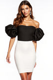 Bodycon Black And White Off The Shoulder Mini Dress With Puff Sleeves