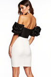 Bodycon Black And White Off The Shoulder Mini Dress With Puff Sleeves
