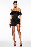 Off The Shoulder Ruched Tight Little Black Dress with Ruffles