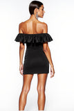 Off The Shoulder Ruched Tight Little Black Dress with Ruffles