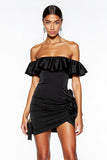 Off The Shoulder Ruched Tight Little Black Dress with Ruffles