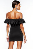 Off The Shoulder Ruched Tight Little Black Dress with Ruffles