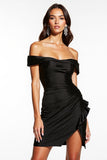Off The Shoulder Bodycon Ruched Black Mini Dress With Slit