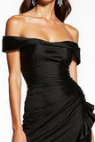 Off The Shoulder Bodycon Ruched Black Mini Dress With Slit