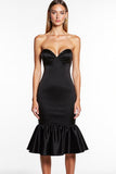 Strapless Bodycon Satin Black Midi Dress with Ruffles