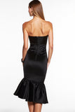 Strapless Bodycon Satin Black Midi Dress with Ruffles