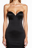 Strapless Bodycon Satin Black Midi Dress with Ruffles