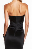 Strapless Bodycon Satin Black Midi Dress with Ruffles