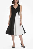 Elegant Black And White V-Neck A-Line Midi Dress