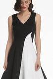 Elegant Black And White V-Neck A-Line Midi Dress
