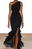 Ruffled One Shoulder Black Midi Dress With Slit