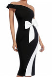 One Shoulder Black And White Bodycon Midi Dress With Bow