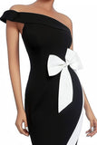 One Shoulder Black And White Bodycon Midi Dress With Bow