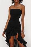 Black Asymmetrical Strapless Cocktail Dress with Ruffles