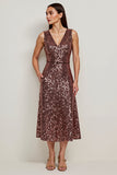 Sparkly Coffee Sheath Midi Dress with Sequins