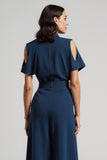 Dark Blue Sheath Ruffled Work Dress