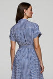 Stripe A Line Blue Laple Neck Work Dress