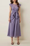 Grey Purple A Line Wedding Guest Dress with Cap Sleeves