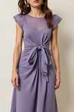Grey Purple A Line Wedding Guest Dress with Cap Sleeves