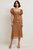 Brown A Line Midi Dress with Sequins
