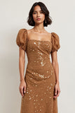 Brown A Line Midi Dress with Sequins