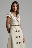A Line Apricot V-Neck Work Dress with Buttons