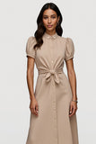 Khaki A Line Midi Lapel Neck Work Dress
