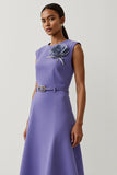 Purple A Line Midi Work Dress with 3D Flower