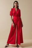Red V-Neck Jumpsuit with Short Sleeves